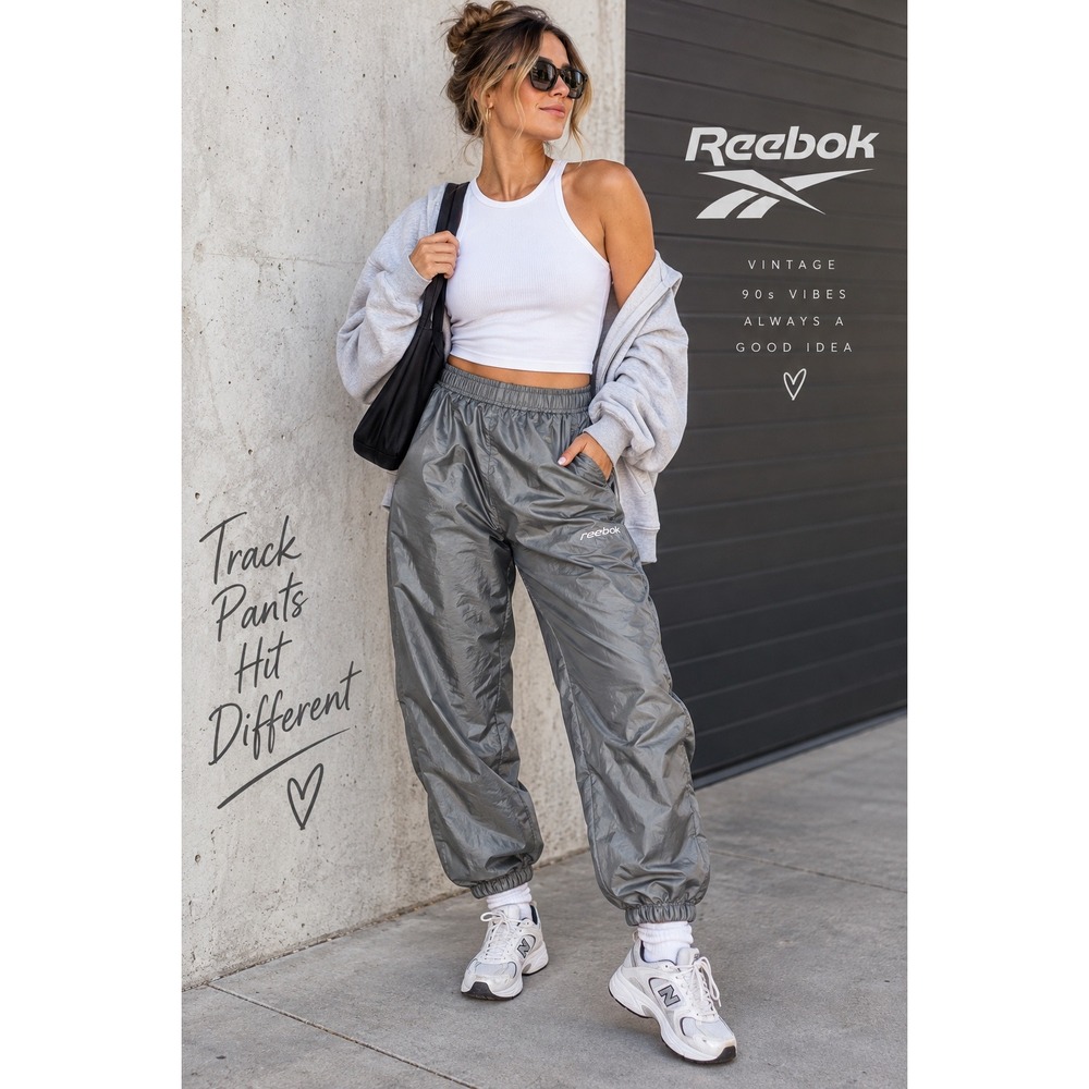 Vintage Reebok Grey Metallic Windbreaker Track Pants Mens Medium Lined Zippers